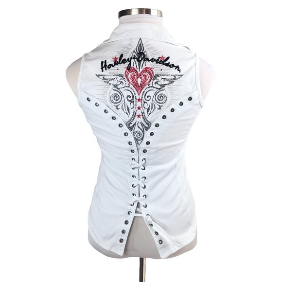 Harley-Davidson Jackets & Blazers - Flawed* Harley Davidson Full Zip Front Vest White Lace Back Embellished H13489